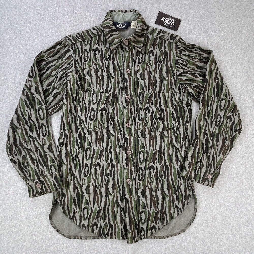 Vintage 80s Woolrich Wool Button Up Shirt Mens Small Tree Bark Camo Made In USA